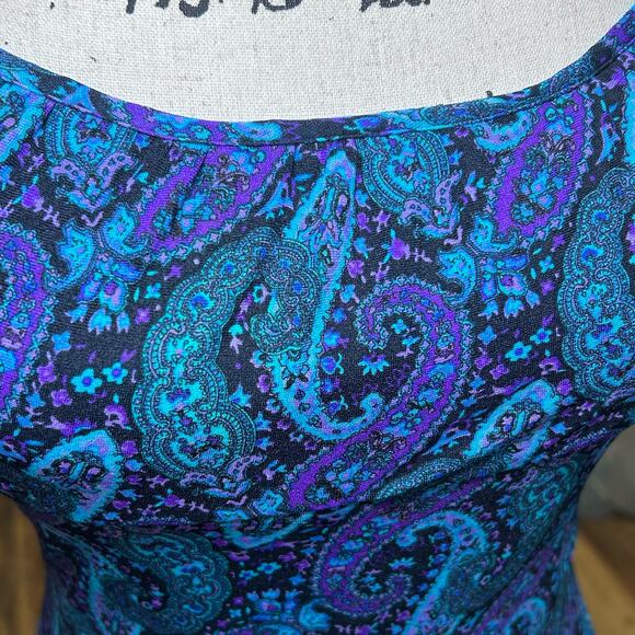 Y2K Vintage Dress Paisley Blue Purple Bodycon Ruffle Hem Retro Jewel Tone Small - Picture 4 of 12
